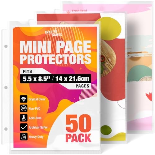 CraftSaints Half Letter 8.5x5.5’’ Pack of 50 Heavy Duty Page Sleeve Protectors for Mini 3-Ring Binders, Top Loading Crystal Clear & Archival Safe Refill Sheets, Acid-Free & Reinforced Holes - Image 1