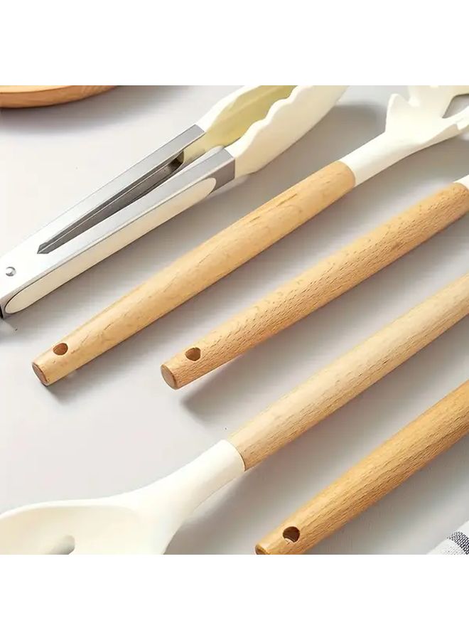 Khaki 7 Piece Silicone Kitchen Utensil Set With Wooden Handles Non Stick Heat Resistant - Image 2