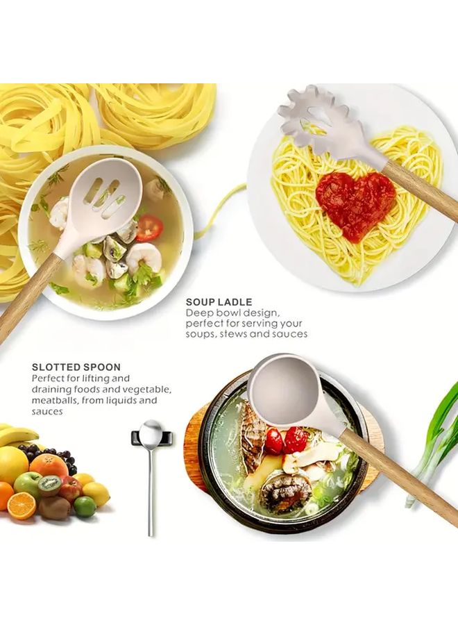 Khaki 7 Piece Silicone Kitchen Utensil Set With Wooden Handles Non Stick Heat Resistant - Image 4