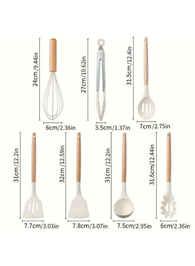 Khaki 7 Piece Silicone Kitchen Utensil Set With Wooden Handles Non Stick Heat Resistant - Image 3