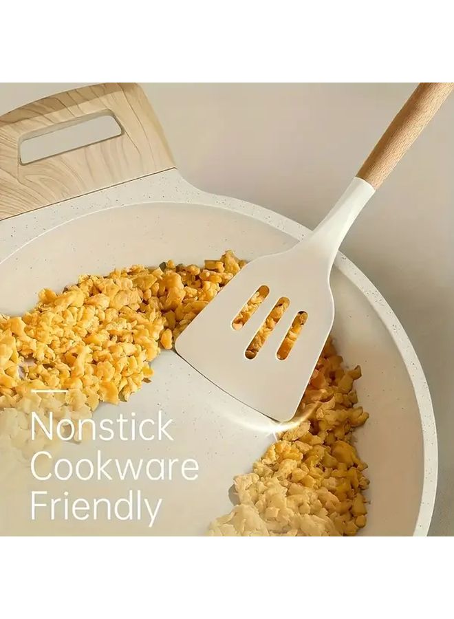 Khaki 7 Piece Silicone Kitchen Utensil Set With Wooden Handles Non Stick Heat Resistant - Image 5