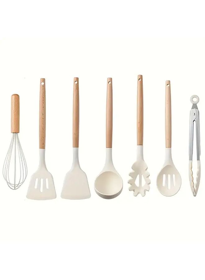 Khaki 7 Piece Silicone Kitchen Utensil Set With Wooden Handles Non Stick Heat Resistant - Image 1