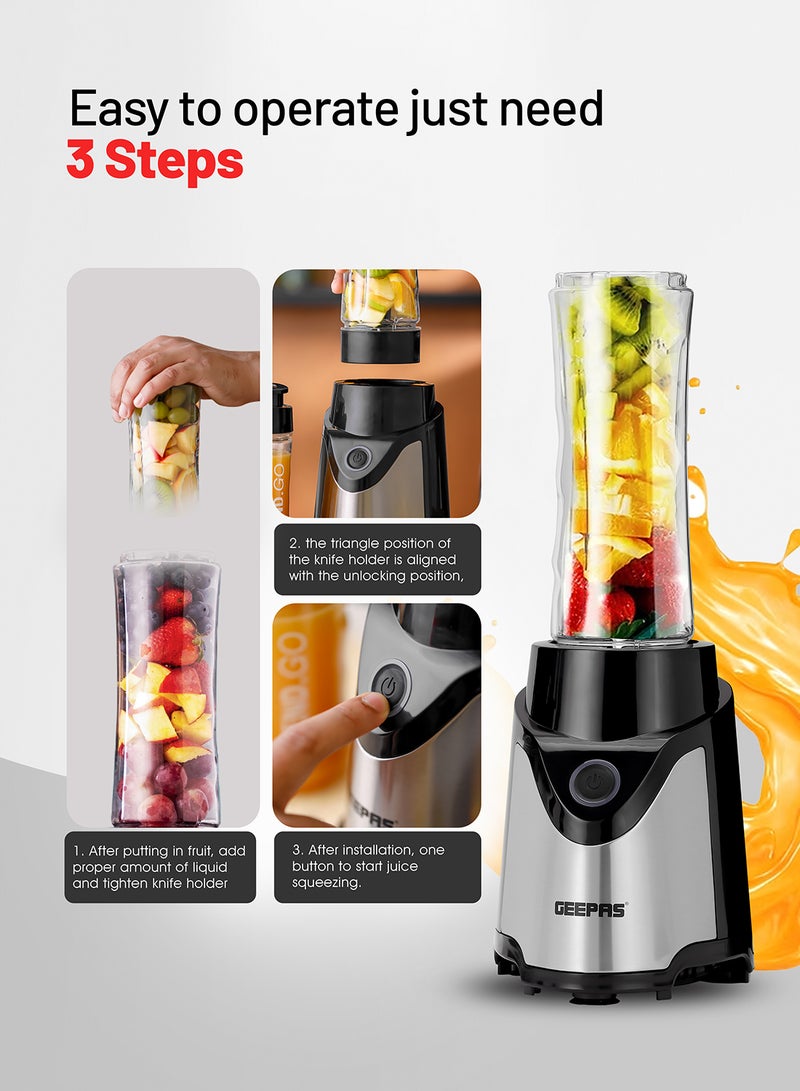 GEEPAS Personal Blender | Stainless Steel Blade - Safety Lock, 570ml & 400ml BPA-Free Tritan Jar, Multi- Safe Protection, Abs Plastic Housing 500 W GSB44075 Black - Image 3