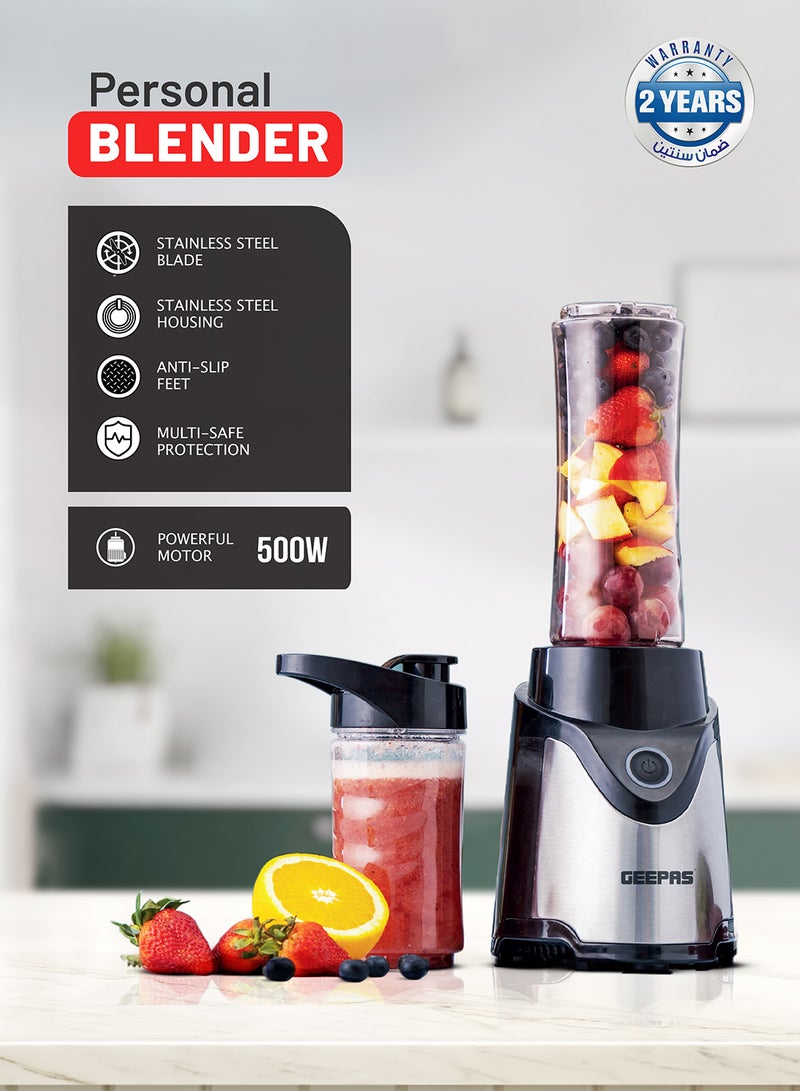 GEEPAS Personal Blender | Stainless Steel Blade - Safety Lock, 570ml & 400ml BPA-Free Tritan Jar, Multi- Safe Protection, Abs Plastic Housing 500 W GSB44075 Black - Image 2