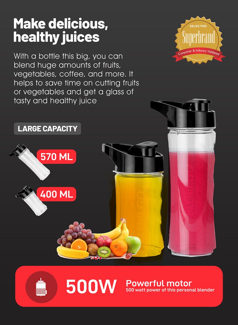 GEEPAS Personal Blender | Stainless Steel Blade - Safety Lock, 570ml & 400ml BPA-Free Tritan Jar, Multi- Safe Protection, Abs Plastic Housing 500 W GSB44075 Black - Image 4
