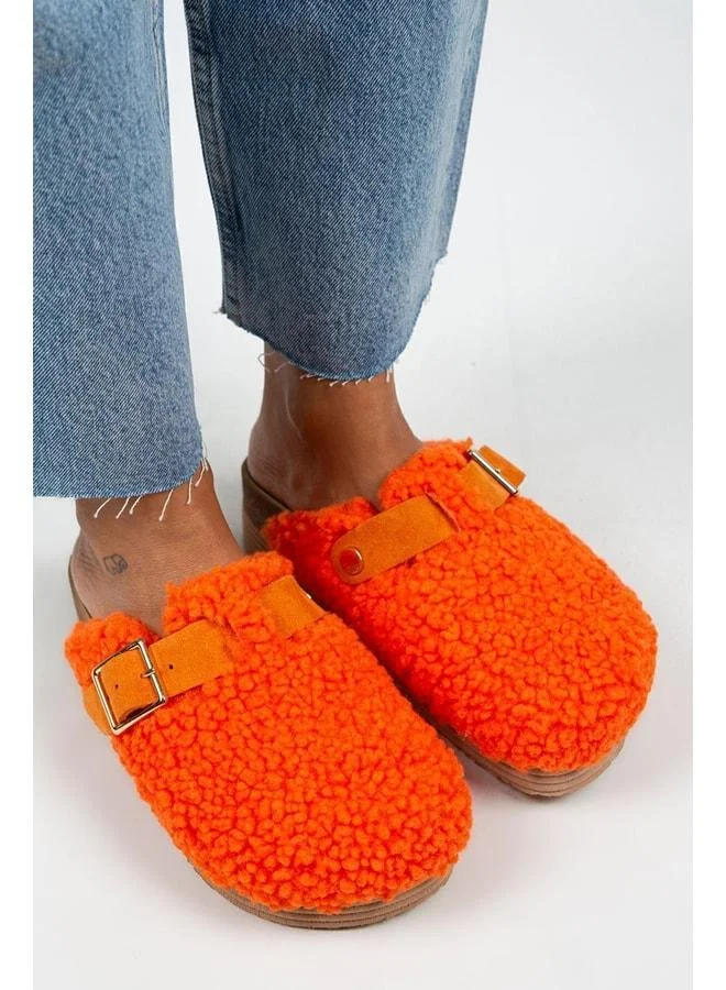 Manijero  Juno Women's Textile Fur-Lined Genuine Leather Belted Buckle Orange Slippers - Orange for Women | Best Price UAE
