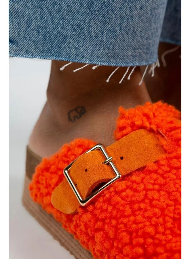 Manijero  Juno Women's Textile Fur-Lined Genuine Leather Belted Buckle Orange Slippers - Orange for Women | Best Price UAE