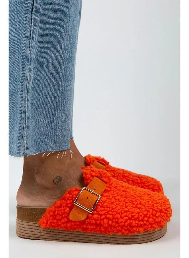 Juno Women's Textile Fur-Lined Genuine Leather Belted Buckle Orange Slippers - Orange