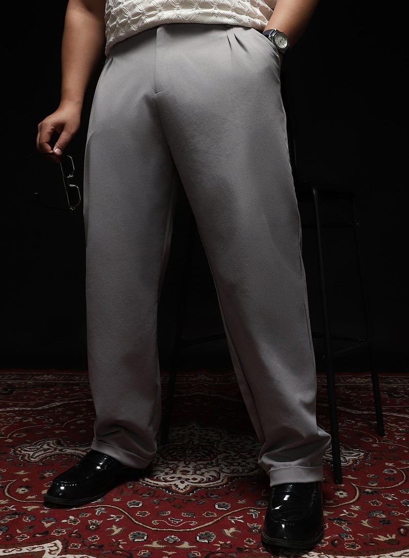 Instafab Plus Instafab Plus Men's Cloud Grey Extended-Waistband Straight Trousers | Mid-Rise , Straight Hem , Button Closure | Solid Plain Polyester Blend Material For Formal & Office Wear - Image 1