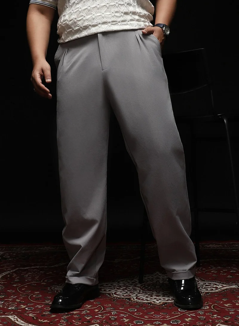 انستافاب بلس Instafab Plus Men's Cloud Grey Extended-Waistband Straight Trousers | Mid-Rise , Straight Hem , Button Closure | Solid Plain Polyester Blend Material For Formal & Office Wear
