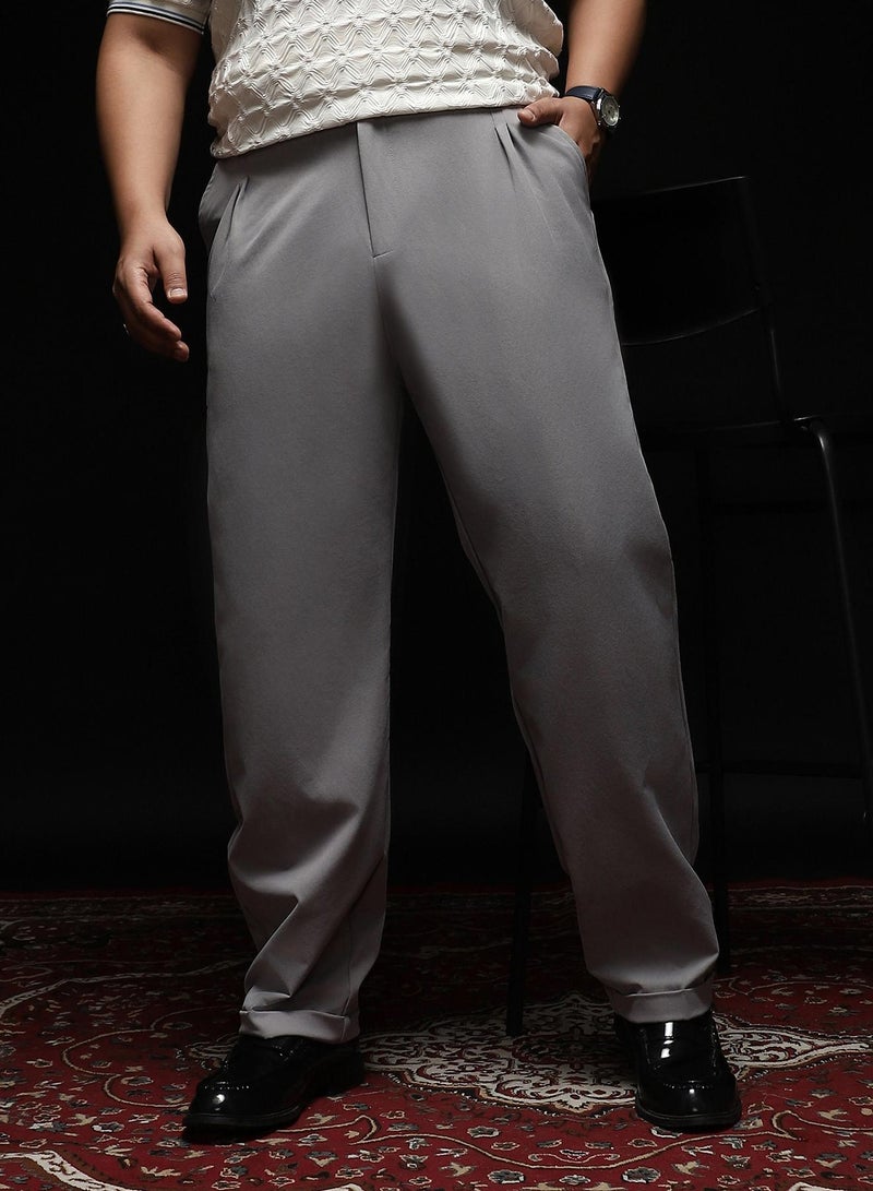 Instafab Plus Instafab Plus Men's Cloud Grey Extended-Waistband Straight Trousers | Mid-Rise , Straight Hem , Button Closure | Solid Plain Polyester Blend Material For Formal & Office Wear - Image 2