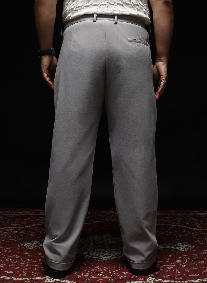 Instafab Plus Instafab Plus Men's Cloud Grey Extended-Waistband Straight Trousers | Mid-Rise , Straight Hem , Button Closure | Solid Plain Polyester Blend Material For Formal & Office Wear - Image 5