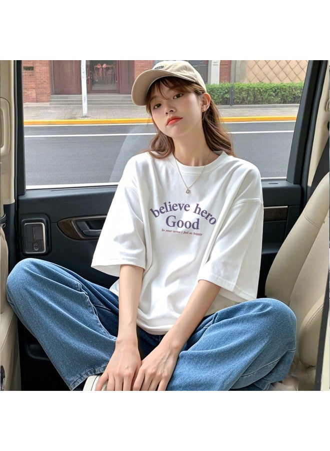 TonLion Women's Short Sleeve T-shirt Summer 2025 Pure Cotton White Versatile Half-sleeve Top Loose Slimming Petite Tee - Image 3