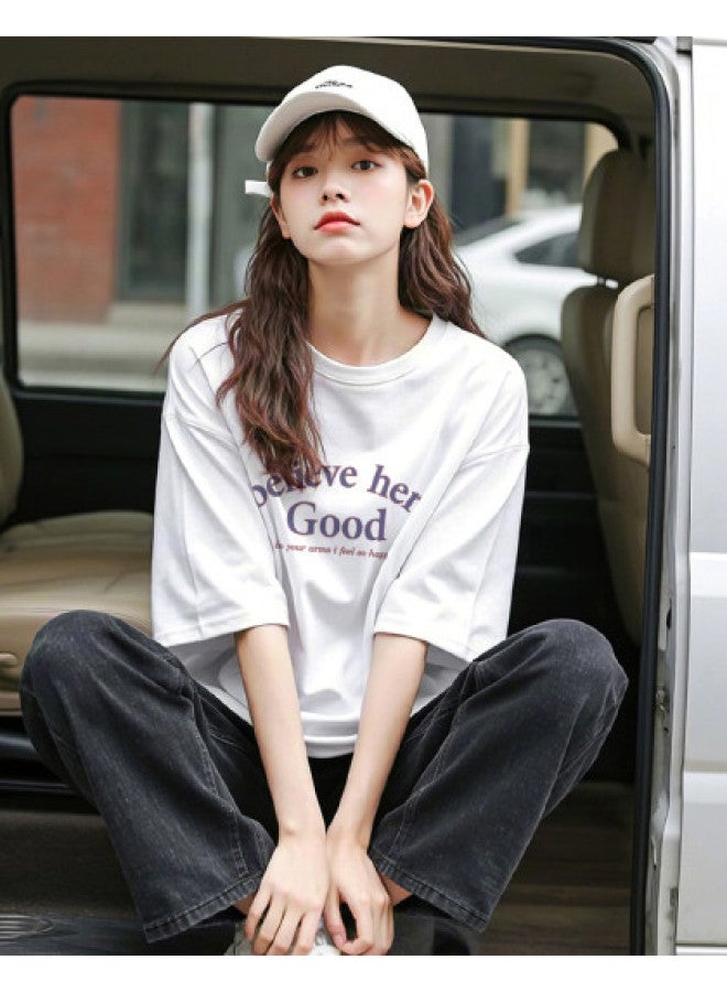 TonLion Women's Short Sleeve T-shirt Summer 2025 Pure Cotton White Versatile Half-sleeve Top Loose Slimming Petite Tee - Image 1