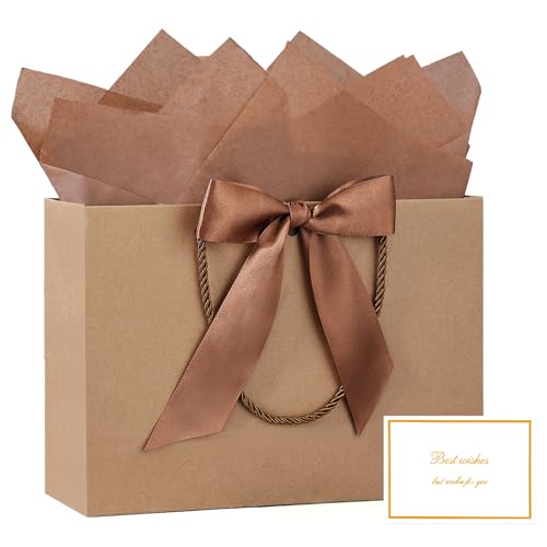 JMANNI Gift Bags with Handles, 13” Medium Gift Bag for Presents, 1 Pcs Bags with 2 Tissue Paper and 1 Cards for Graduation Baby Shower Wedding Fathers Day Mother's Day Birthday Party (Brown) - Image 1