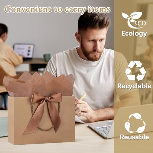 JMANNI Gift Bags with Handles, 13” Medium Gift Bag for Presents, 1 Pcs Bags with 2 Tissue Paper and 1 Cards for Graduation Baby Shower Wedding Fathers Day Mother's Day Birthday Party (Brown) - Image 3