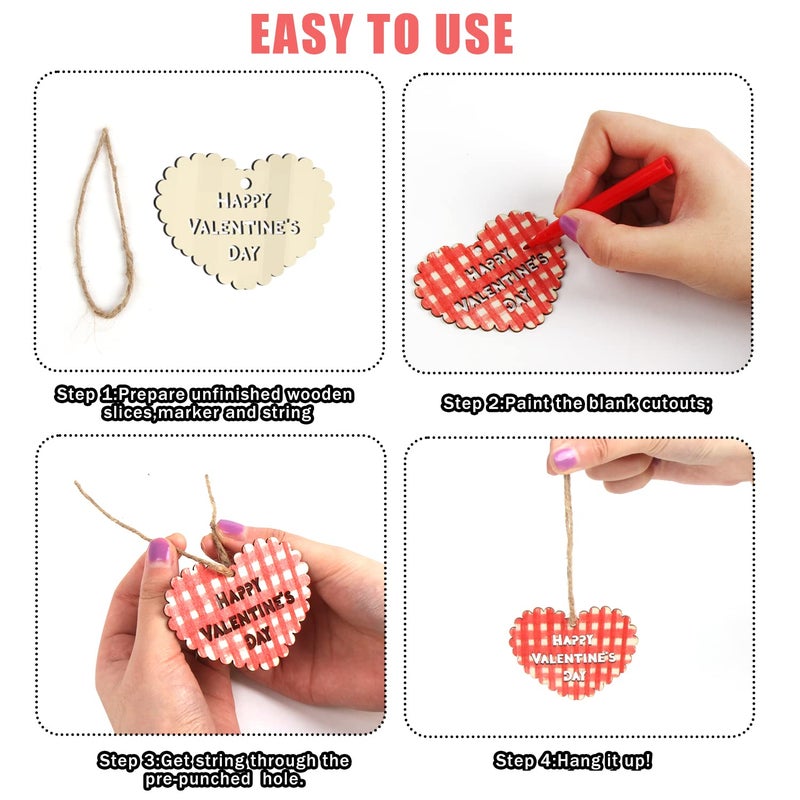 FOIMAS Valentine's Day Wooden Slices,36pcs Heart Cupid Unfinished Wood Cutout Slice Hanging Ornament with Jute Twine and Colored Pen for DIY Craft Supply - Image 3