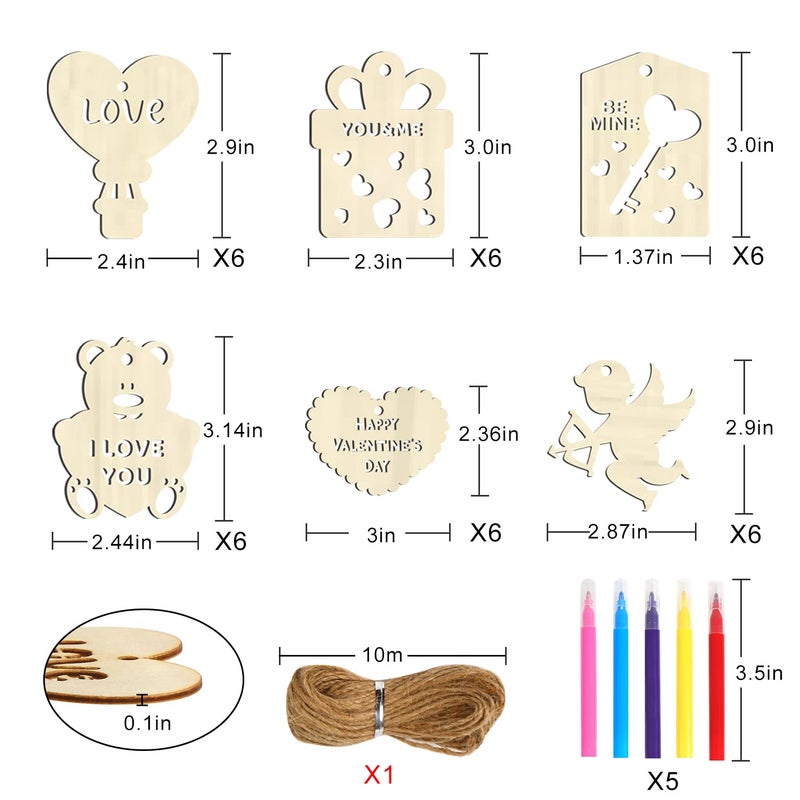 FOIMAS Valentine's Day Wooden Slices,36pcs Heart Cupid Unfinished Wood Cutout Slice Hanging Ornament with Jute Twine and Colored Pen for DIY Craft Supply - Image 2