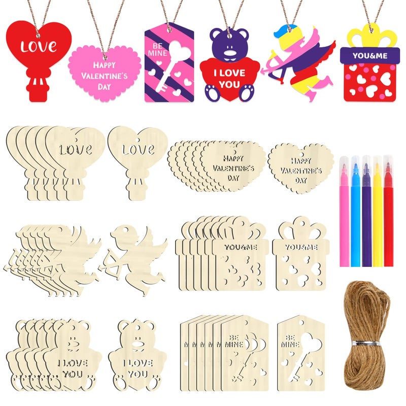 FOIMAS Valentine's Day Wooden Slices,36pcs Heart Cupid Unfinished Wood Cutout Slice Hanging Ornament with Jute Twine and Colored Pen for DIY Craft Supply - Image 1