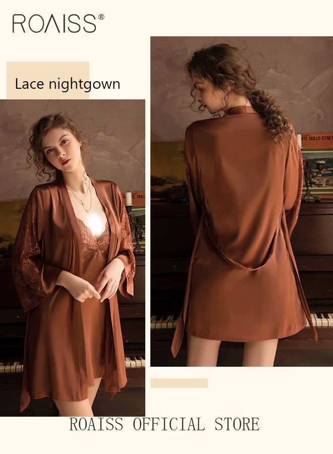 رويس مجموعة مؤلفة من قطعتين لبيجامات نسائية بتصميم عنق V تُستخدم في المنزل تتضمن المجموعة روبًا خارجيًا بنفس لون البيجاما ونيتغاون يحتوي على عنصر دانتيل - Image 2