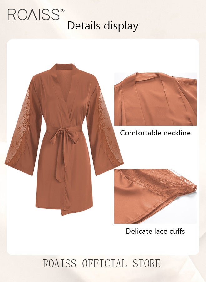 رويس مجموعة مؤلفة من قطعتين لبيجامات نسائية بتصميم عنق V تُستخدم في المنزل تتضمن المجموعة روبًا خارجيًا بنفس لون البيجاما ونيتغاون يحتوي على عنصر دانتيل - Image 3