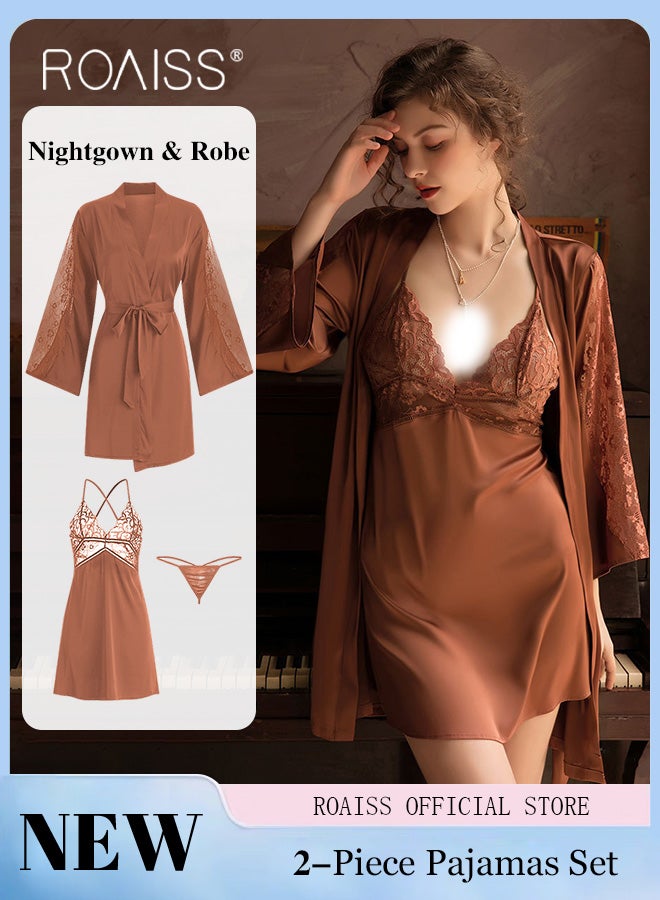 رويس مجموعة مؤلفة من قطعتين لبيجامات نسائية بتصميم عنق V تُستخدم في المنزل تتضمن المجموعة روبًا خارجيًا بنفس لون البيجاما ونيتغاون يحتوي على عنصر دانتيل - Image 1