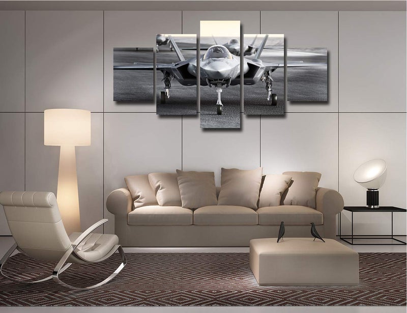 Artbrush Tower Multiple F35 Military Jet Strike Aircraft Preparing for Takeoff on A Strike Mission Wall Decor Aviation Decoration Home Bedroom Artwork Wooden Frame 5 Piece(60''Wx32''H) - Image 2