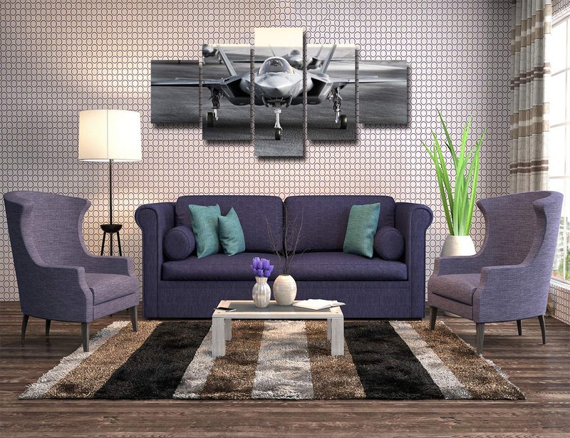 Artbrush Tower Multiple F35 Military Jet Strike Aircraft Preparing for Takeoff on A Strike Mission Wall Decor Aviation Decoration Home Bedroom Artwork Wooden Frame 5 Piece(60''Wx32''H) - Image 3