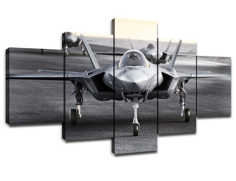 Artbrush Tower Multiple F35 Military Jet Strike Aircraft Preparing for Takeoff on A Strike Mission Wall Decor Aviation Decoration Home Bedroom Artwork Wooden Frame 5 Piece(60''Wx32''H) - Image 1