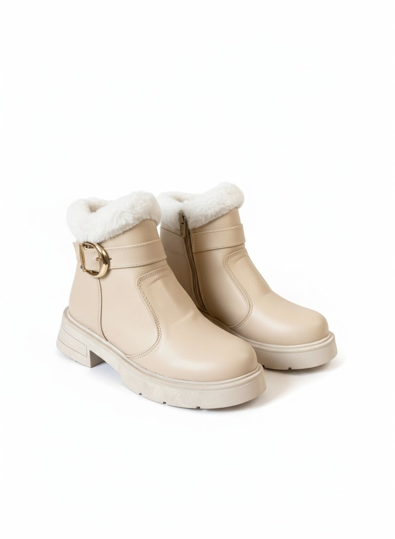 لايف ستيلاش  حذاء كاحل مسطح  من الجلد مع الفرو G-57 - بيج - Image 2