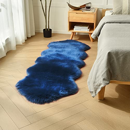 duduta Navy Blue Faux Sheepskin Runner Rugs 2x6 ft, Fluffy Shag Bedroom Bedside Rug Fur Couch Sofa Covers Washable - Image 1