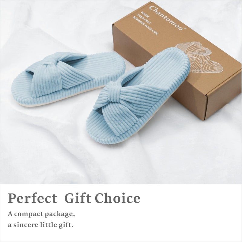 Chantomoo Slippers for Women Memory Foam House Bedroom Corduroy Bow Crossbands Slipper Shoes Comfy Trendy Gift Slippers Light Blue Size 9 10 8.5 - Image 4
