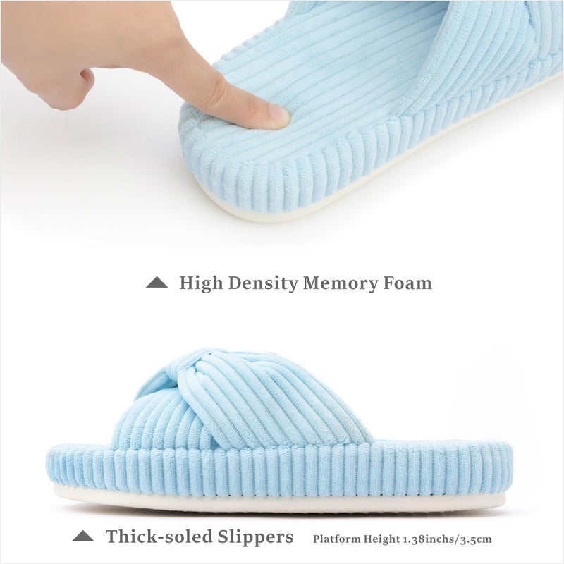 Chantomoo Slippers for Women Memory Foam House Bedroom Corduroy Bow Crossbands Slipper Shoes Comfy Trendy Gift Slippers Light Blue Size 9 10 8.5 - Image 2
