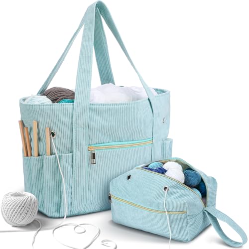 Bulyoou 2 Pcs Crochet Bag and Tote Set Corduroy Yarn Bag Crochet Tote Bag for Crochet Hooks Organizer Yarn Holder for Crochet Lovers Knitting Bag Crochet AccessoriesBlue - Image 1