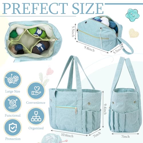 Bulyoou 2 Pcs Crochet Bag and Tote Set Corduroy Yarn Bag Crochet Tote Bag for Crochet Hooks Organizer Yarn Holder for Crochet Lovers Knitting Bag Crochet AccessoriesBlue - Image 3