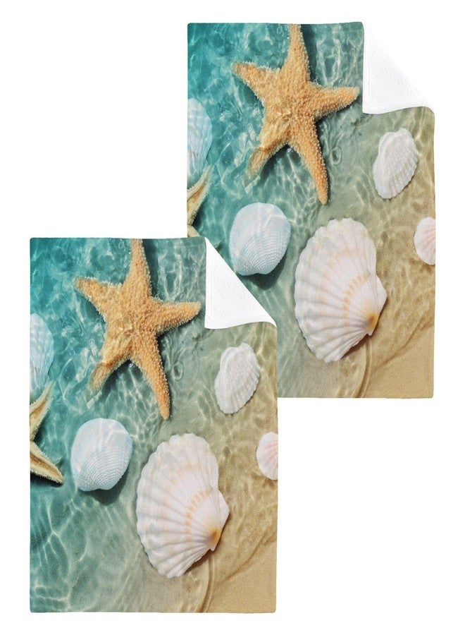 WELLDAY Seashell Starfish Summer Beach Washcloths, 2 Pack 12 X 12 Inches Cotton Wash Cloths, Highly Absorbent and Soft Face Towels for Bathroom,Gym,Hotel and Spa - Image 1