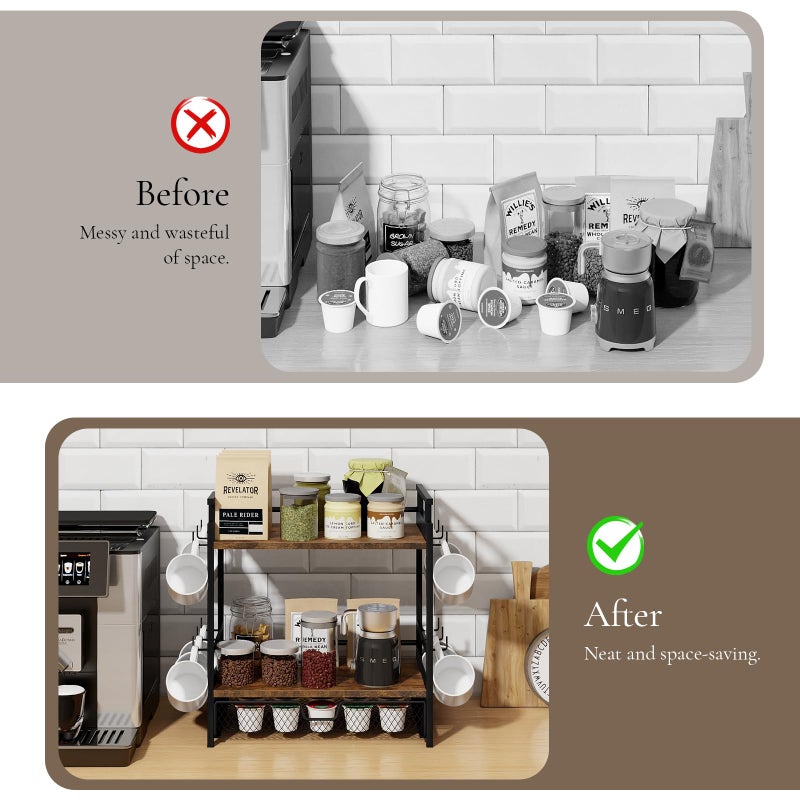 BCOZLUX Coffee Bar Organizer, 3 Tier Coffee Station Organizer for Countertop, Mug Cup Holder Stand with 12 Hooks, with K Cup Storage Drawer, Tea Organizers Accessories for Home Office - Image 3