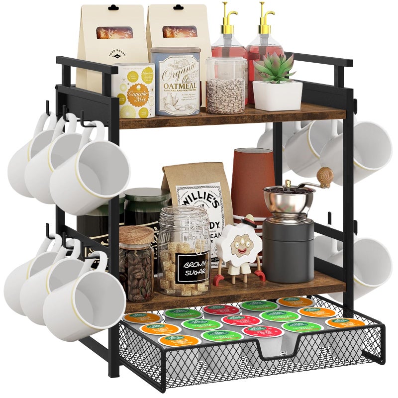 BCOZLUX Coffee Bar Organizer, 3 Tier Coffee Station Organizer for Countertop, Mug Cup Holder Stand with 12 Hooks, with K Cup Storage Drawer, Tea Organizers Accessories for Home Office - Image 1