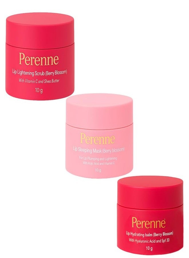 Perenne Pack Of Lip Hydrating balm, Lip Lightening Scrub & Lip Sleeping Mask (Berry Blossom, 10gm x 3) - Image 1