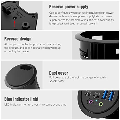 ineo Grommet Desk-Fit (Diameter 2.3" to 2.4") 2Type A + 2Type C with 3.5mm Audio Mic Jack + 3.2" Expandable case (Power is not Included)[THC06 - VI Plus] - Image 4