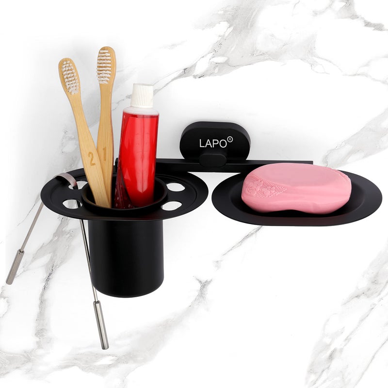 LAPO Stainless Steel 304 Grade Soap Holder with Brush Holder for Bathroom | Soap Dish with Tumbler Holder Bathroom Accessories(Black Finish) - Image 4