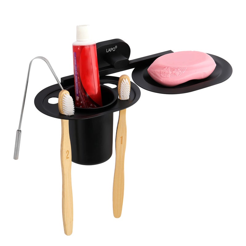 LAPO Stainless Steel 304 Grade Soap Holder with Brush Holder for Bathroom | Soap Dish with Tumbler Holder Bathroom Accessories(Black Finish) - Image 3
