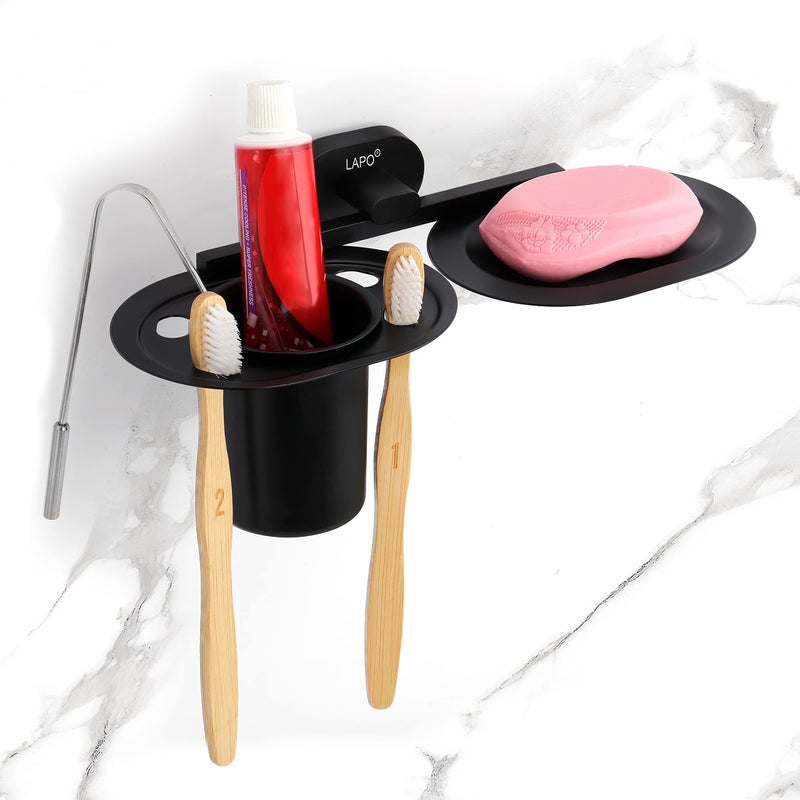 LAPO Stainless Steel 304 Grade Soap Holder with Brush Holder for Bathroom | Soap Dish with Tumbler Holder Bathroom Accessories(Black Finish) - Image 1