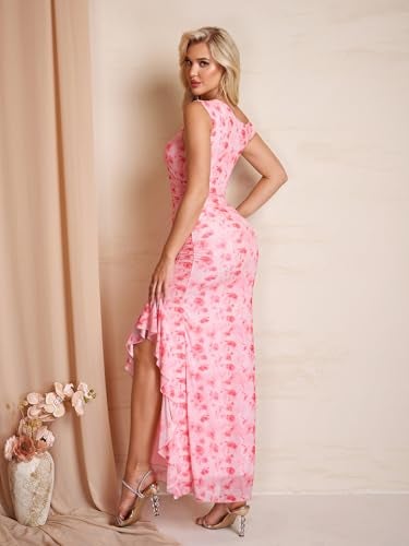 HTZMO One Shoulder Floral Wedding Guest Long Dress Summer Formal Elegant Ruffled Slit Bodycon Maxi Dresses for Women PinkFloral L - Image 5