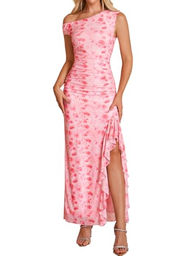 HTZMO One Shoulder Floral Wedding Guest Long Dress Summer Formal Elegant Ruffled Slit Bodycon Maxi Dresses for Women PinkFloral L - Image 1