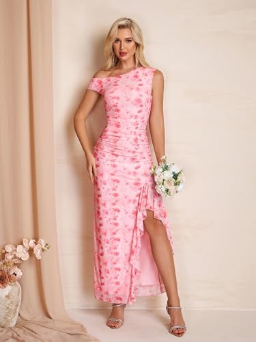 HTZMO One Shoulder Floral Wedding Guest Long Dress Summer Formal Elegant Ruffled Slit Bodycon Maxi Dresses for Women PinkFloral L - Image 2