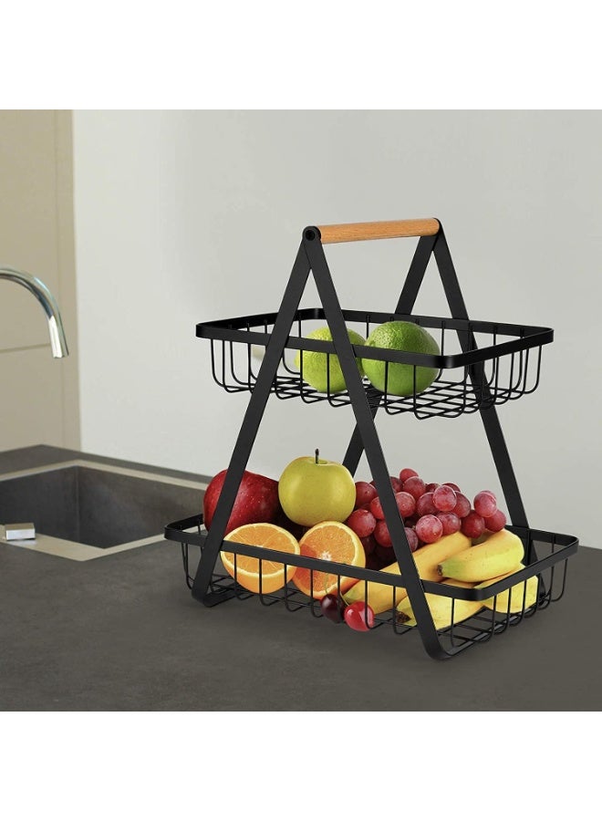 DubaiGallery Contemporary Two-Level Metal Fruit Basket with Wooden Grip – Large Storage Organizer for Kitchen Countertop, Pantry & Dining Table – Air-Circulating Wire Design for Fresh Produce & Neat Home Organization - Image 3