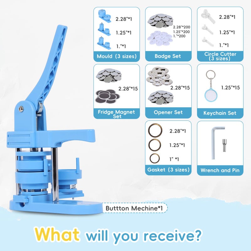 OLenyer Button Maker Machine, Molds in 3 Sizes: 2.28â€œ, 1.25â€, and 1â€, 500 Buttons, 15 Fridge Magnets, 15 Bottle Openers, 15 Keychain, Pin Maker Machine Kit DIY, Circular Cutter in 3 Sizes - Image 3