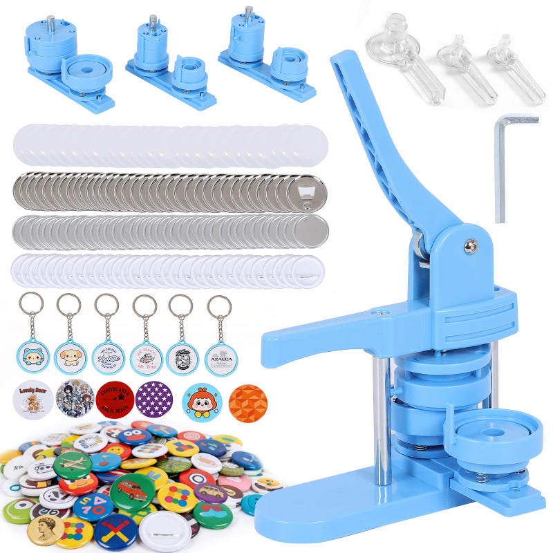 OLenyer Button Maker Machine, Molds in 3 Sizes: 2.28â€œ, 1.25â€, and 1â€, 500 Buttons, 15 Fridge Magnets, 15 Bottle Openers, 15 Keychain, Pin Maker Machine Kit DIY, Circular Cutter in 3 Sizes - Image 1