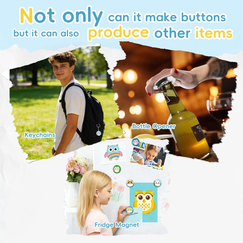 OLenyer Button Maker Machine, Molds in 3 Sizes: 2.28â€œ, 1.25â€, and 1â€, 500 Buttons, 15 Fridge Magnets, 15 Bottle Openers, 15 Keychain, Pin Maker Machine Kit DIY, Circular Cutter in 3 Sizes - Image 2